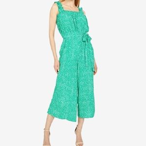 Wide Leg Jumpsuit Belted Green White Speckled Pockets High Waist